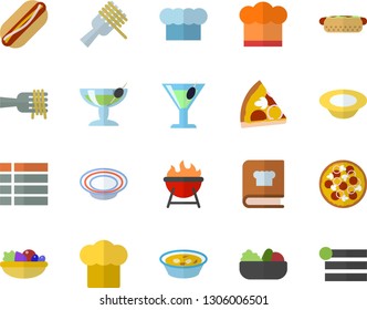 Color flat icon set cook hat flat vector, cookbook, barbecue, spaghetti on a fork, hot dog, pizza, dish, salad, soup, cocktail, fector, menu