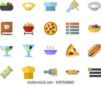 Color flat icon set cook hat flat vector, cookbook, barbecue, spaghetti, on a fork, hot dog, pizza, dish, salad, soup, cocktail, fector, menu