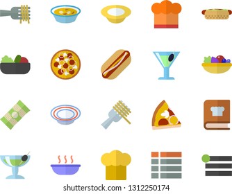 Color flat icon set cook hat flat vector, cookbook, spaghetti, on a fork, hot dog, pizza, dish, salad, soup, cocktail, fector, menu