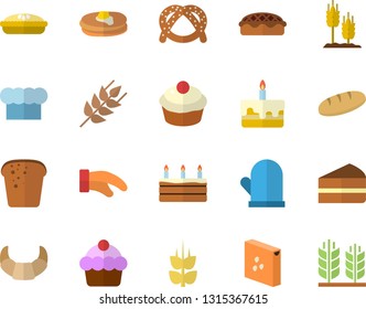 Color flat icon set cook hat flat vector, potholder, groats, ear, pancakes, bagel, croissant, cake, bread, cupcake, piece of, pie