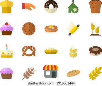 Color flat icon set cook hat flat vector, potholder, rolling pin, ear, biscuit, pancakes, bagel, cake, bread, cupcake, donut, pie, store front