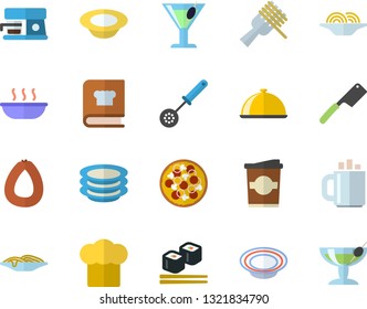 Color flat icon set cook hat flat vector, kitchen spoon, knives, cookbook, coffee machine, dish, plates, sausage, spaghetti on a fork, pizza, soup, fish rolls, cocktail, coffe, fector