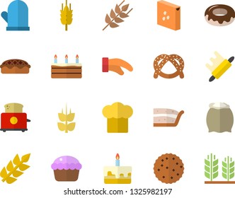 Color flat icon set cook hat flat vector, potholder, rolling pin, toaster, flour, groats, ear, bagel, cupcake, piece of cake, donut, pie, biscuit