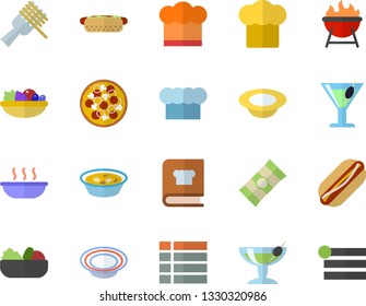 Color flat icon set cook hat flat vector, cookbook, barbecue, spaghetti, on a fork, hot dog, pizza, dish, salad, soup, cocktail, fector, menu