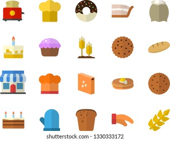 Color flat icon set cook hat flat vector, potholder, toaster, flour, groats, biscuit, pancakes, bread, cupcake, piece of cake, donut, ear, store front