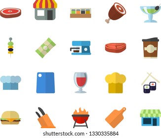 Color flat icon set cook hat flat vector, knives, cutting board, spice, coffee machine, barbecue, spaghetti, chop, hamburger, ham, fish rolls, wine, coffe, canape, store front, cocktail fector, shop