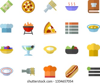 Color flat icon set cook hat flat vector, cookbook, barbecue, spaghetti, on a fork, hot dog, pizza, dish, salad, soup, cocktail fector, menu