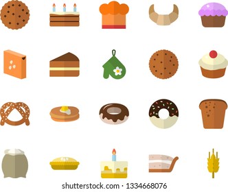 Color flat icon set cook hat flat vector, potholder, flour, groats, biscuit, pancakes, bagel, croissant, bread, cupcake, piece of cake, donut, pie, ear