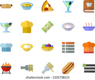 Color flat icon set cook hat flat vector, cookbook, barbecue, spaghetti, on a fork, hot dog, pizza, dish, salad, soup, cocktail, fector, menu