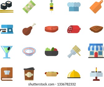 Color flat icon set cook hat flat vector, cutting board, cookbook, coffee machine, dish, spaghetti, chop, ham, sausage, on a fork, hot dog, salad, fish rolls, cocktail, coffe, canape, store front