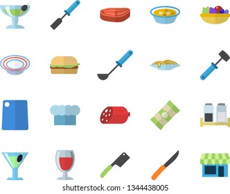 Color flat icon set cook hat flat vector, ladle, kitchen spatula, knives, meat hammer, cutting board, spice, spaghetti, chop, sausage, hamburger, dish, salad, soup, wine, cocktail, fector, shop