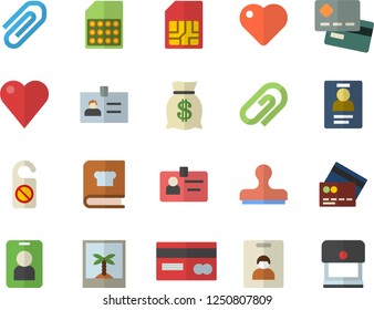 Color flat icon set cookbook flat vector, SIM card, credit, wealth, heart, clip, badge, indentity fector, photo, pass, do not disturb, stamp