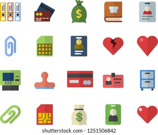 Color flat icon set cookbook flat vector, SIM card, credit, wealth, heart, badge, archive, folders for papers, fector, cash dispenser, pass, clip, stamp