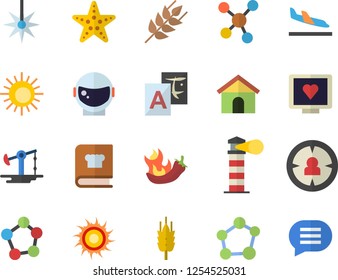 Color flat icon set cookbook flat vector, ear, hot peppers, oil pumping, laser, lighthouse, target audience, computer diagnostics of health, molecules, molecule, astronaut helmet fector, arrival