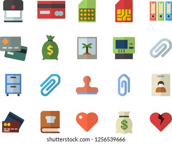 Color flat icon set cookbook flat vector, SIM card, credit, wealth, heart, clip, archive, folders for papers, indentity fector, cash dispenser, photo, stamp