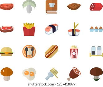 Color flat icon set cookbook flat vector, spice, table setting, chop, sausage, egg, spaghetti on a fork, hamburger, hot dog, mushroom, ham, French fries, sashimi, popcorn, scrambled eggs