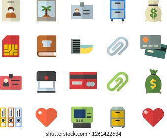 Color flat icon set cookbook flat vector, SIM card, credit, wealth, heart, clip, badge, archive, folders for papers, indentity fector, hotel first line, cash dispenser, photo, stamp