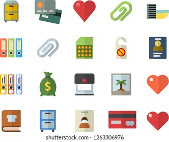 Color flat icon set cookbook flat vector, SIM card, credit, wealth, heart, clip, badge, archive, folders for papers, indentity fector, hotel first line, photo, do not disturb, stamp