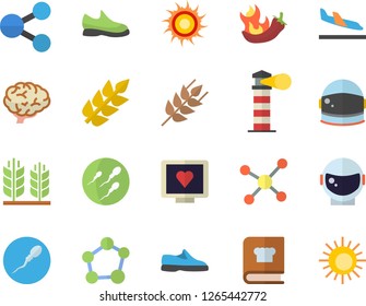 Color flat icon set cookbook flat vector, ear, hot peppers, lighthouse, molecules, computer diagnostics of health, sperm, molecule, brain, astronaut helmet fector, sneakers, arrival, sun