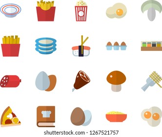 Color flat icon set cookbook flat vector, spice, egg, plates, sausage, spaghetti on a fork, pizza, mushroom, dish, porridge, ham, French fries, sashimi, popcorn, scrambled eggs