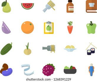 Color flat icon set cookbook flat vector, legumes, watermelon, spaghetti on a fork, salad, carrot, garlic, onion, bell pepper, cucumber, fish rolls, blackberry, pear, orange, vial, diet, centimeter