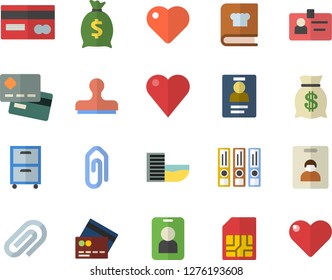 Color flat icon set cookbook flat vector, SIM card, credit, wealth, heart, clip, badge, archive, folders for papers, indentity fector, hotel first line, pass, stamp