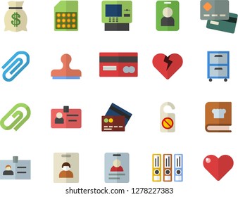 Color flat icon set cookbook flat vector, SIM card, credit, wealth, clip, badge, archive, folders for papers, indentity fector, cash dispenser, pass, do not disturb, stamp, heart