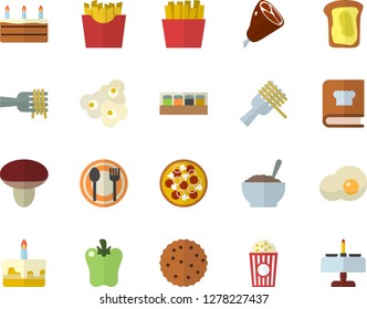 Color flat icon set cookbook flat vector, spice, table setting, spaghetti on a fork, pizza, cake, porridge, ham, bell pepper, French fries, popcorn, scrambled eggs, sandwich, biscuit, mushroom
