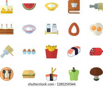 Color flat icon set cookbook flat vector, spice, table setting, sausage, egg, watermelon, spaghetti on a fork, hamburger, cake, dish, bell pepper, French fries, sashimi, scrambled eggs, mushroom
