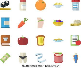 Color flat icon set cookbook flat vector, spaghetti, salad, tomato, fish rolls, sandwich, orange, carrot, vial, diet, centimeter, buttocks, waistline, vitamins, proteins, steroids, size