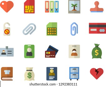 Color flat icon set cookbook flat vector, SIM card, credit, wealth, heart, clip, badge, archive, folders for papers, indentity fector, photo, pass, do not disturb, stamp
