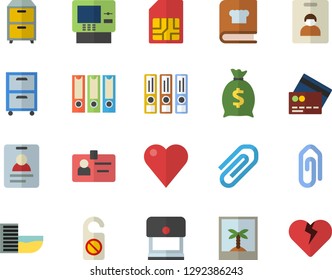 Color flat icon set cookbook flat vector, SIM card, wealth, heart, clip, badge, archive, folders for papers, indentity fector, hotel first line, credit, cash dispenser, photo, do not disturb, stamp