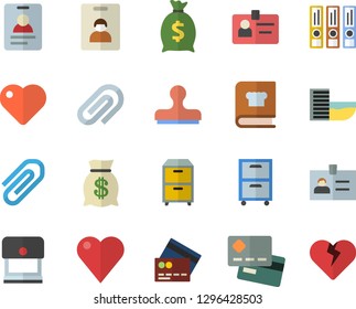 Color flat icon set cookbook flat vector, credit card, wealth, heart, clip, badge, archive, folders for papers, indentity fector, hotel first line, stamp