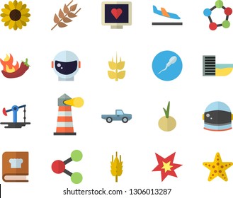 Color flat icon set cookbook flat vector, ear, onion, hot peppers, pickup truck, flower, oil pumping, lighthouse, molecules, computer diagnostics of health, sperm, spark, astronaut helmet fector