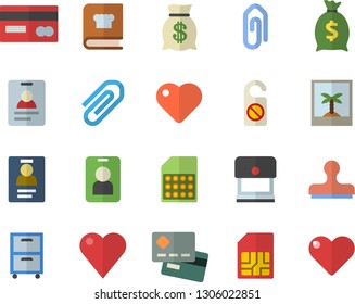 Color flat icon set cookbook flat vector, SIM card, credit, wealth, heart, clip, badge, archive, photo fector, pass, do not disturb, stamp