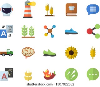 Color flat icon set cookbook flat vector, hot peppers, ear, pickup truck, flower, lighthouse, molecules, sperm, brain, astronaut helmet fector, sneakers, translate, chat