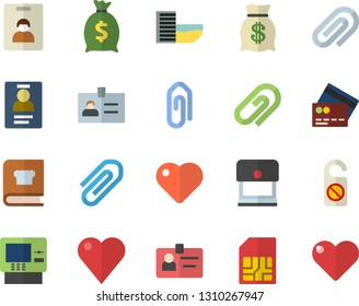 Color flat icon set cookbook flat vector, SIM card, wealth, heart, clip, badge, indentity fector, hotel first line, credit, cash dispenser, do not disturb, stamp