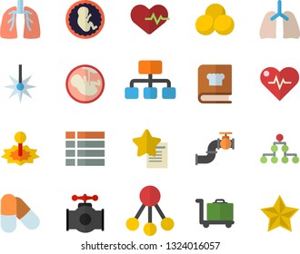 Color flat icon set cookbook flat vector, main pipeline, laser, hierarchy, embryo, lungs, classification, heartbeat, pills, luggage trolley fector, menu, favorites