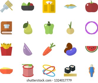 Color flat icon set cookbook flat vector, legumes, watermelon, spaghetti on a fork, salad, porridge, garlic, onion, bell pepper, tomato, French fries, fish rolls, pear, carrot, weighing machine