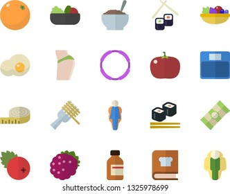 Color flat icon set cookbook flat vector, spaghetti, on a fork, salad, porridge, tomato, fish rolls, scrambled eggs, cranberry, blackberry, orange, vial, weighing machine, centimeter, buttocks, hoop