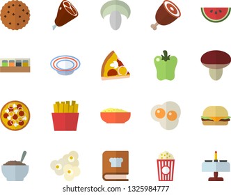 Color flat icon set cookbook flat vector, spice, watermelon, hamburger, pizza, mushroom, dish, porridge, ham, bell pepper, French fries, popcorn, scrambled eggs, biscuit, romantic dinner vector