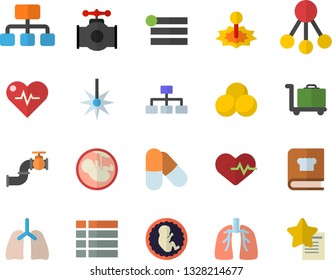 Color flat icon set cookbook flat vector, main pipeline, laser, hierarchy, embryo, lungs, classification, heartbeat, pills, luggage trolley fector, menu, favorites