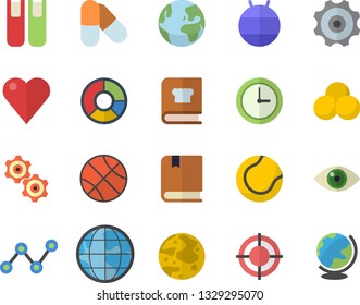 Color flat icon set cookbook flat vector, earth, scatter chart, heart, clircle diagram, target, book, moon, textbook, cogwheel, basketball, tennis ball, fitball, pills, fector, clock, eye, globe