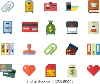 Color flat icon set cookbook flat vector, SIM card, credit, wealth, heart, clip, badge, archive, folders for papers, indentity fector, hotel first line, stamp