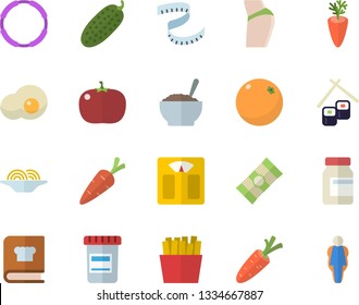 Color flat icon set cookbook flat vector, spaghetti, porridge, carrot, tomato, cucumber, French fries, fish rolls, scrambled eggs, orange, vial, weighing machine, centimeter, buttocks, vitamins