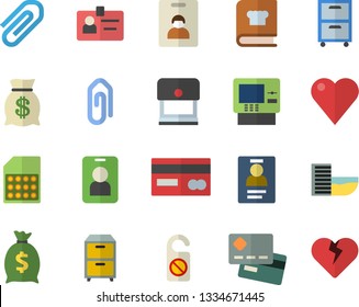 Color flat icon set cookbook flat vector, SIM card, credit, wealth, heart, clip, badge, archive, indentity fector, hotel first line, cash dispenser, pass, do not disturb, stamp