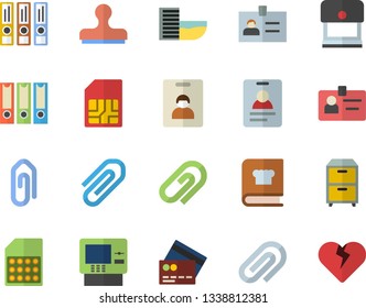 Color flat icon set cookbook flat vector, SIM card, clip, badge, archive, folders for papers, indentity fector, hotel first line, credit, cash dispenser, stamp, heart