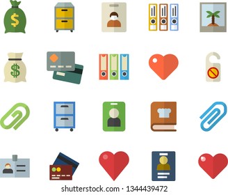 Color flat icon set cookbook flat vector, credit card, wealth, heart, clip, badge, archive, folders for papers, indentity fector, photo, pass, do not disturb