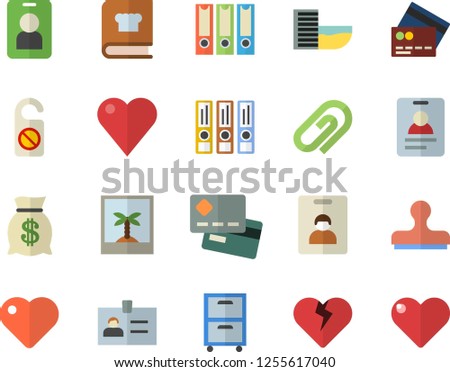 Color flat icon set cookbook flat vector, credit card, wealth, heart, archive, folders for papers, indentity fector, hotel first line, photo, pass, do not disturb, clip, badge, stamp