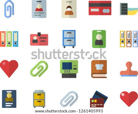Color flat icon set cookbook flat vector, credit card, heart, clip, badge, archive, folders for papers, indentity fector, hotel first line, cash dispenser, pass, stamp